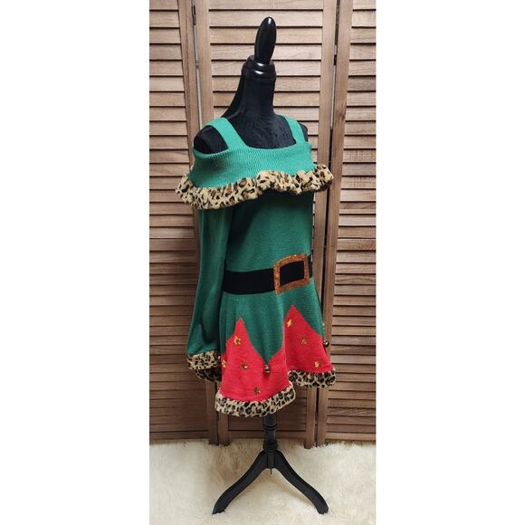 Mrs. Claus Christmas New Sweater Dress XL 16/18 Leopard Print Knit Cold Shoulder - Picture 3 of 8